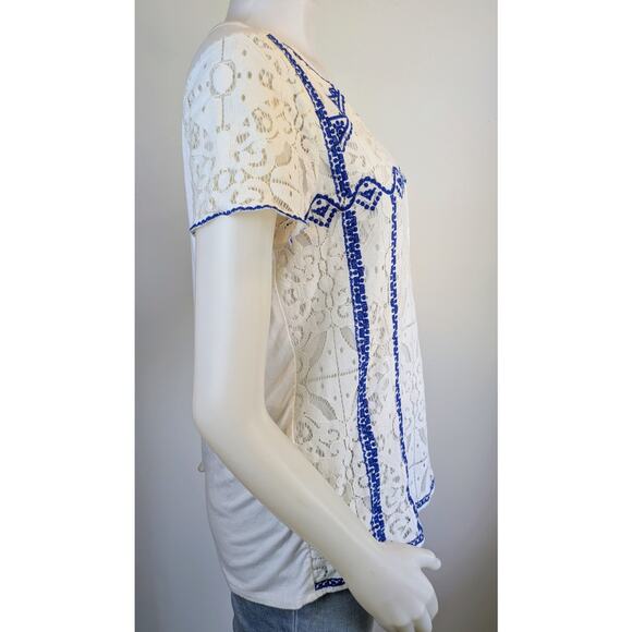 Market & Spruce Lace Overlay Short Sleeve Top Medium White Blue Boho Embroidered - Picture 6 of 10